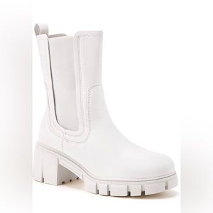 White Platform Boots Mid Calf Elastic Chunky Block Heel Leather Chelsea Booties